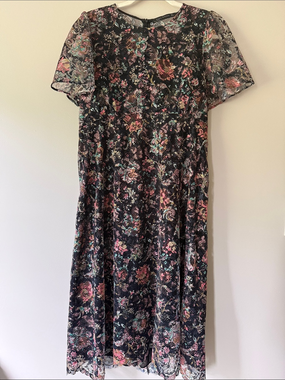 Zara Black Floral Lace Midi Dress with Scalloped Hem